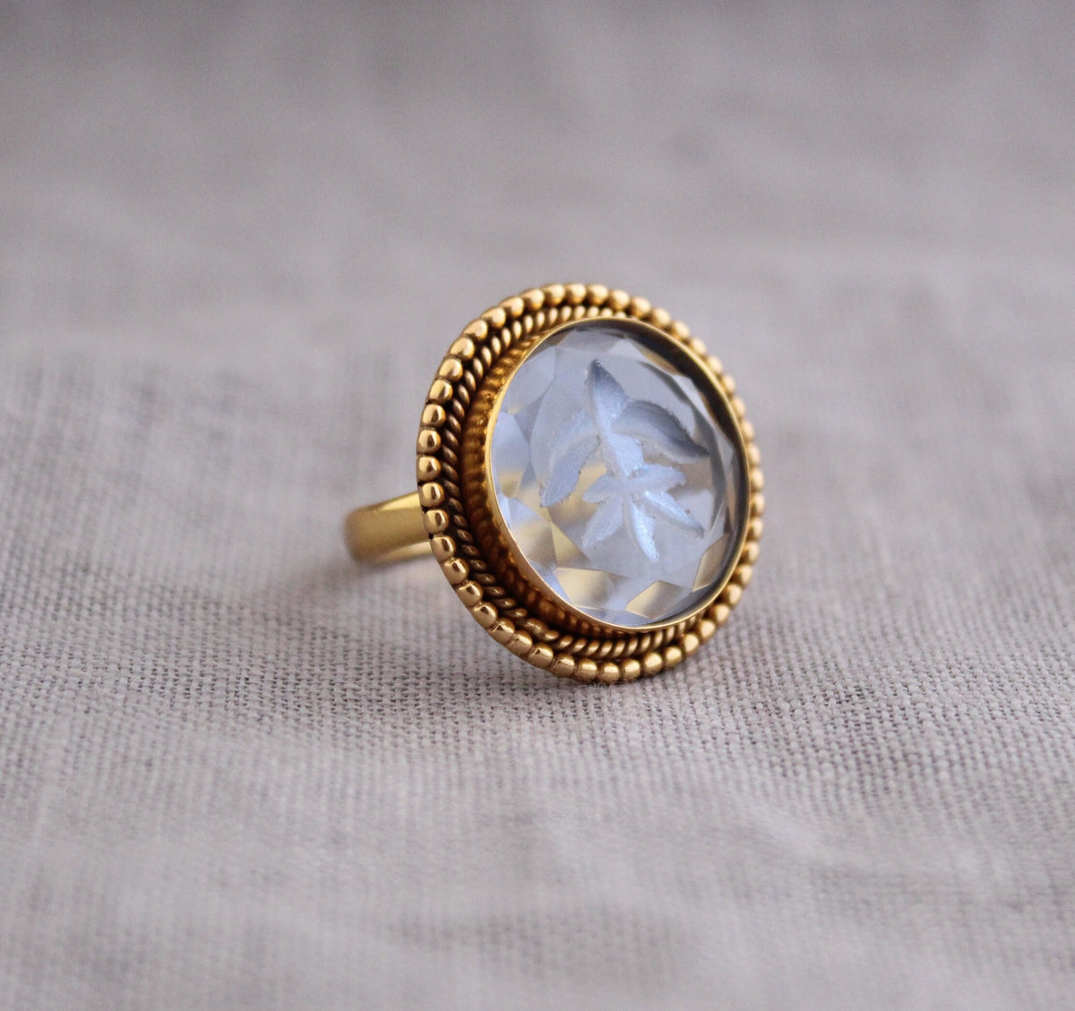 Blue Intaglio Cocktail Ring, Roman Style Carved Glass, Gold Plated, photo 2