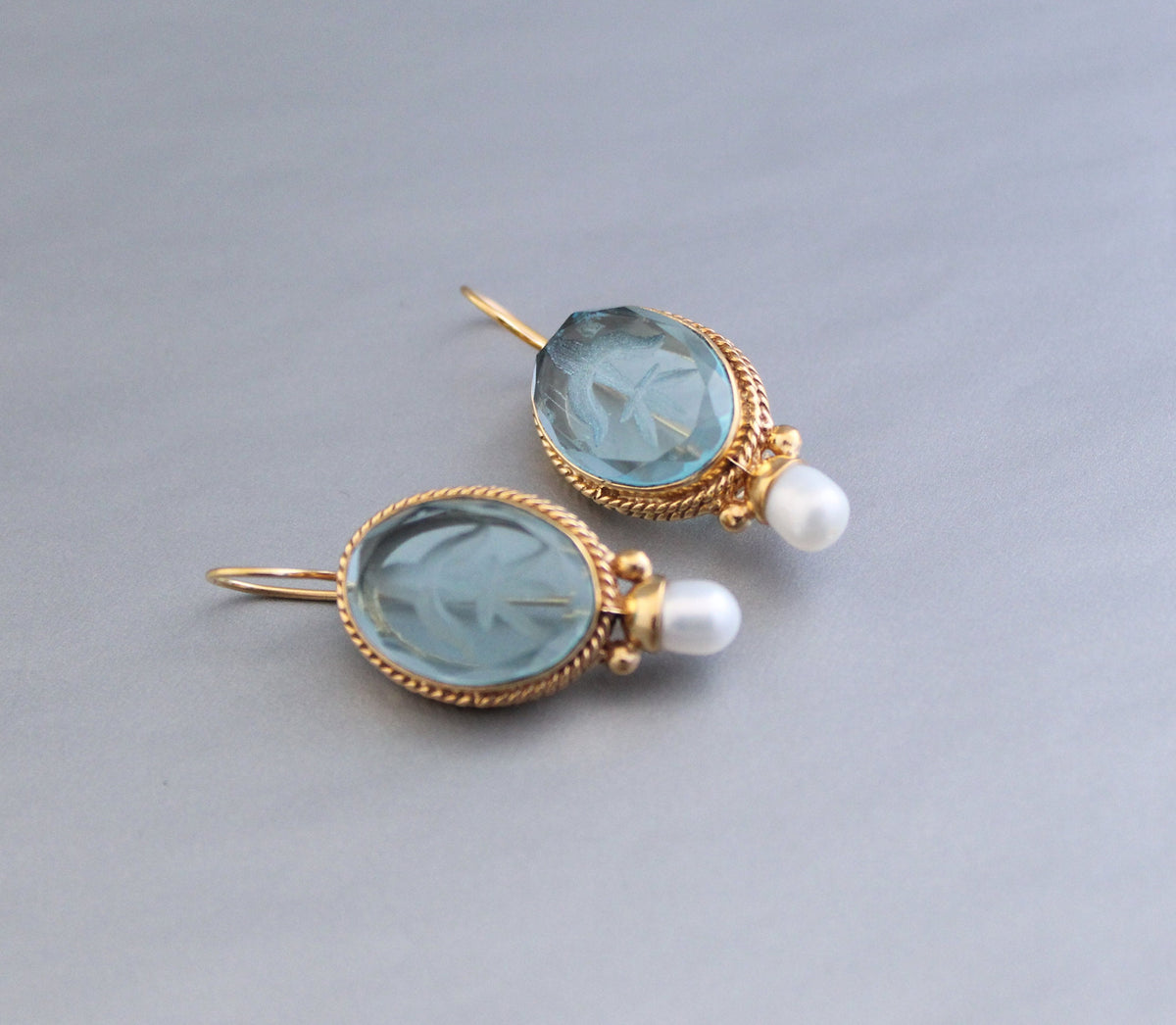Blue Glass Intaglio Earrings, Victorian Style, Gold, photo 8