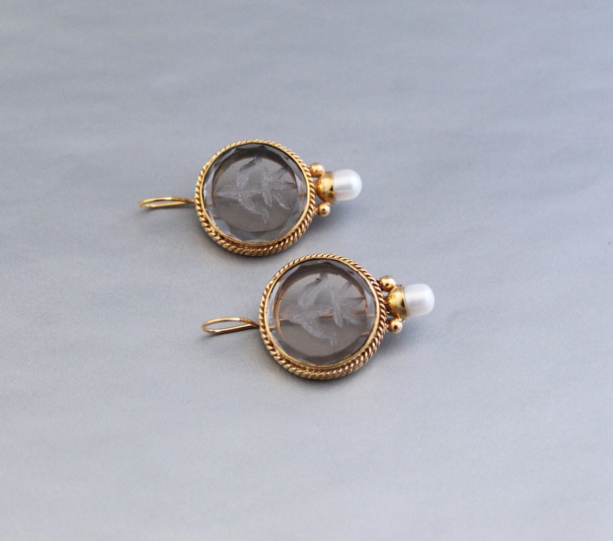 Smoky Quartz Intaglio Drop Earrings, Victorian Style, Brass, photo 9