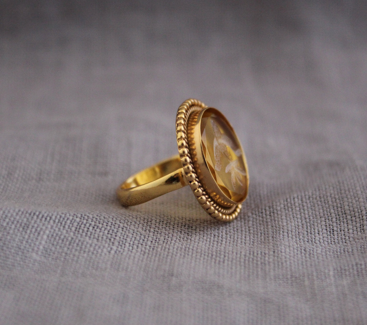 Yellow Fleur-de-lis Intaglio Ring, Victorian Cocktail Ring, photo 9