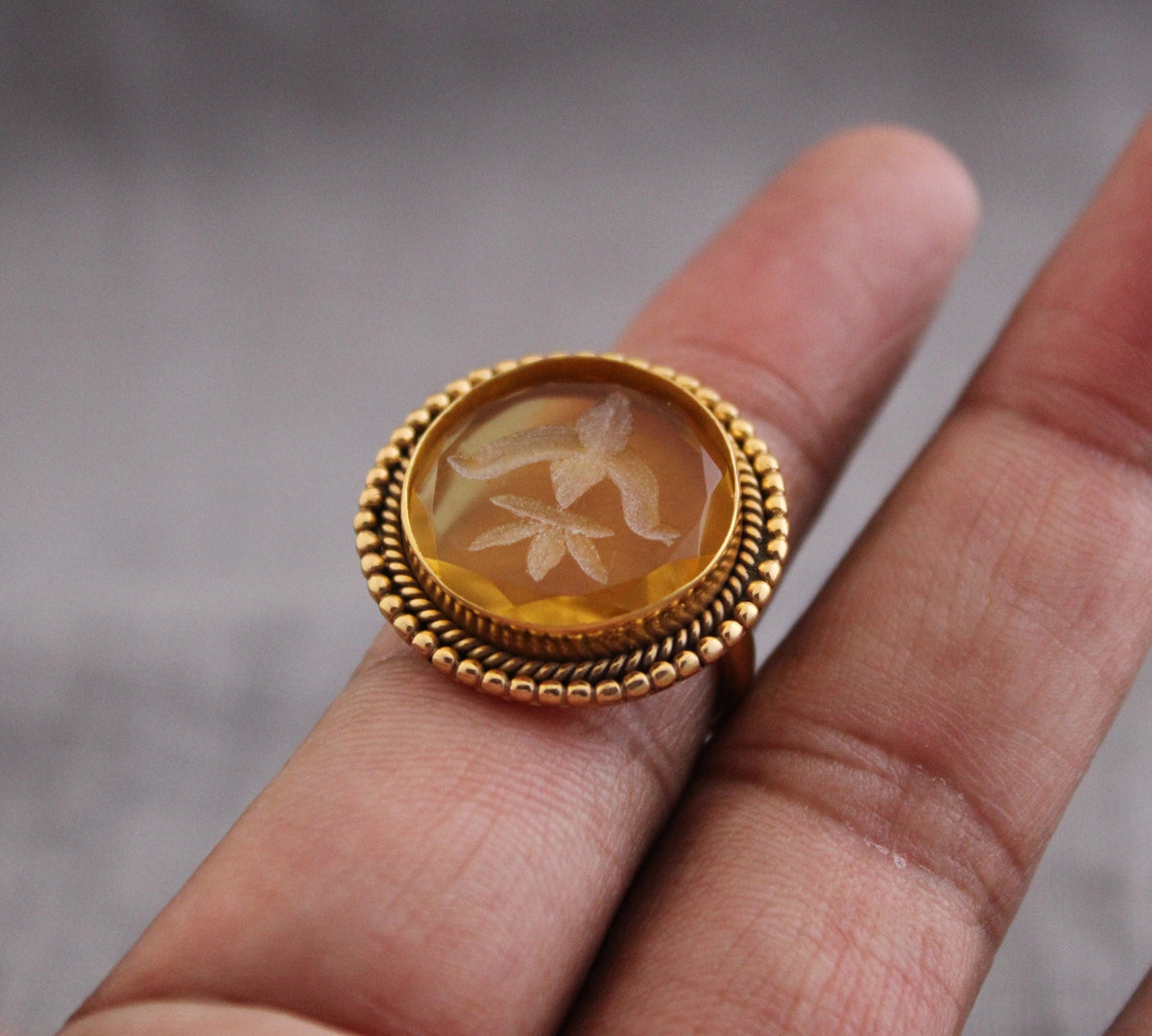 Yellow Fleur-de-lis Intaglio Ring, Victorian Cocktail Ring