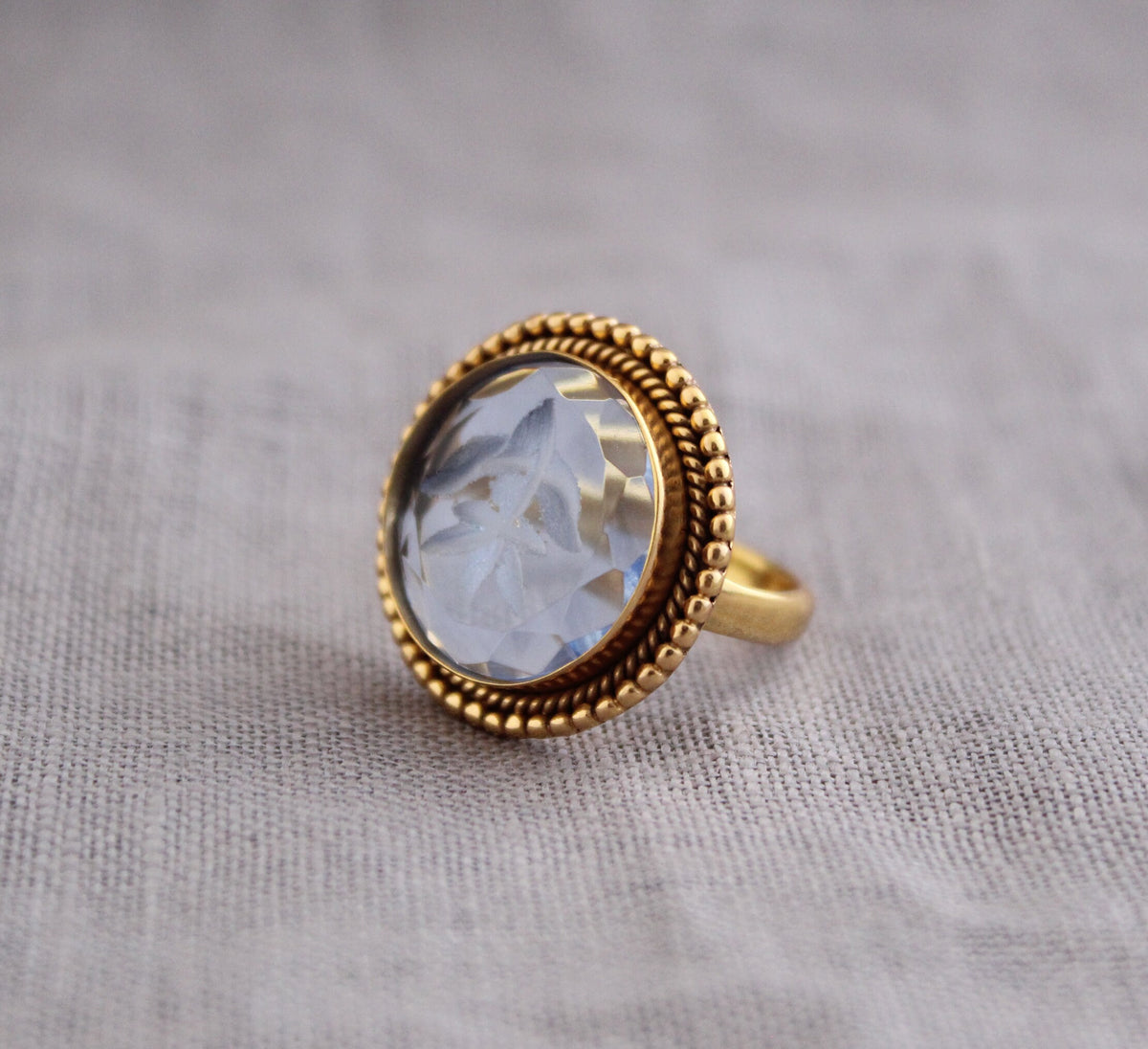 Blue Intaglio Cocktail Ring, Roman Style Carved Glass, Gold Plated, photo 5