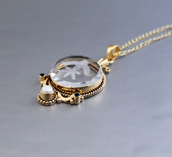 Intaglio Glass Pendant Necklace, Victorian Style, Gold Vermeil with Pearl