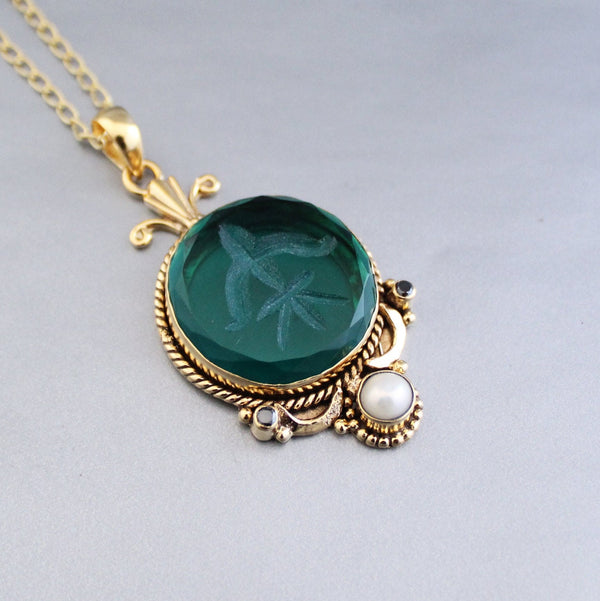 Green Intaglio Necklace, Art Deco Cameo Pendant