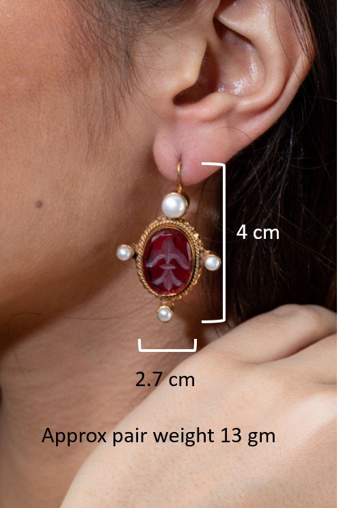 Red Glass Intaglio Earrings, Vintage Victorian Gold with Pearls, photo 3