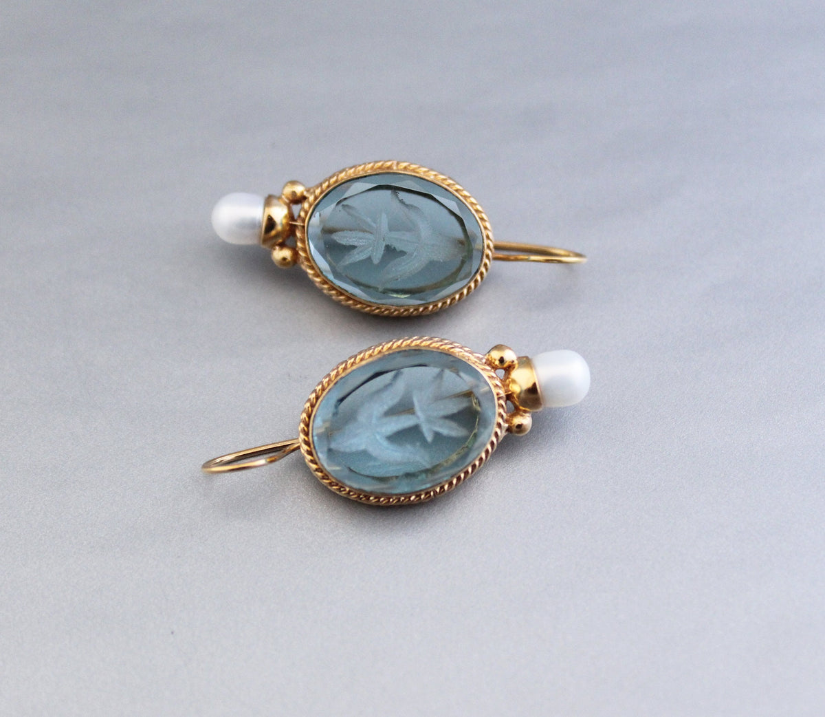 Blue Glass Intaglio Earrings, Victorian Style, Gold, photo 7
