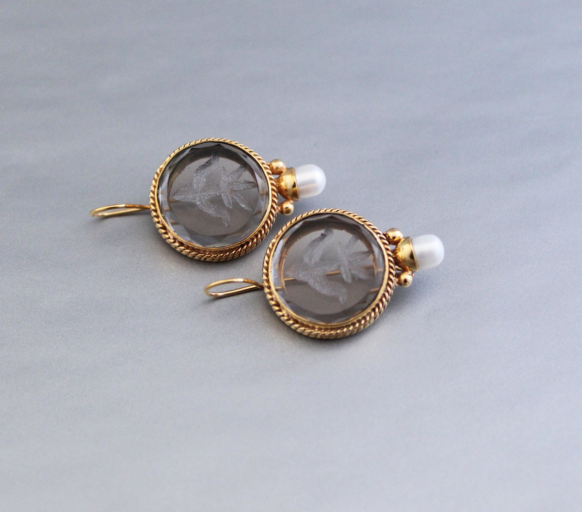 Smoky Quartz Intaglio Drop Earrings, Victorian Style, Brass, photo 10