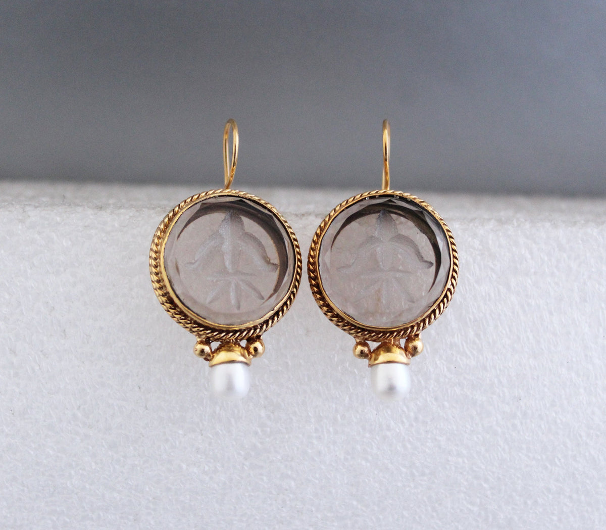Smoky Quartz Intaglio Drop Earrings, Victorian Style, Brass, photo 7