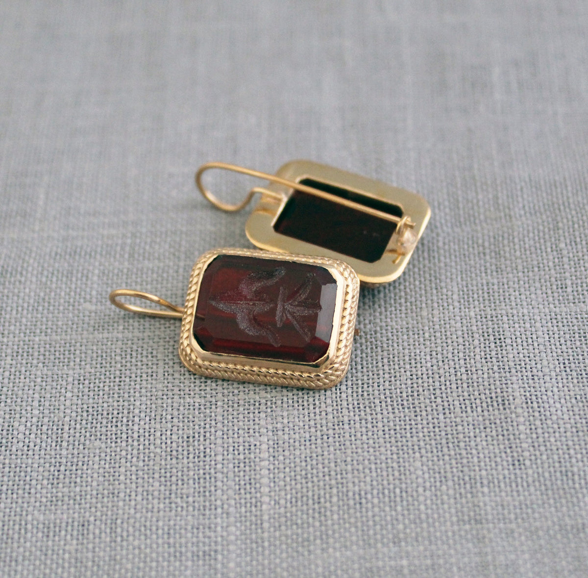 Red Rectangular Intaglio Earrings, Victorian Style, Gold Plated, photo 7