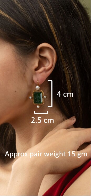 Intaglio Glass Earrings, Art Nouveau Style, Brass and Pearl, photo 3