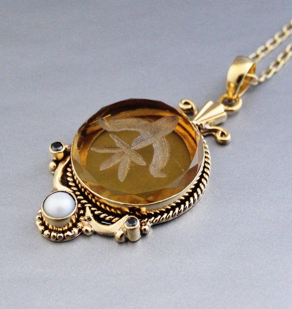 Yellow Intaglio Pendant Necklace, Edwardian Style, Brass
