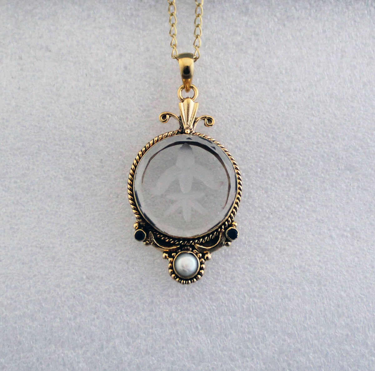 Intaglio Glass Pendant Necklace, Victorian Style, Gold Vermeil with Pearl, photo 8