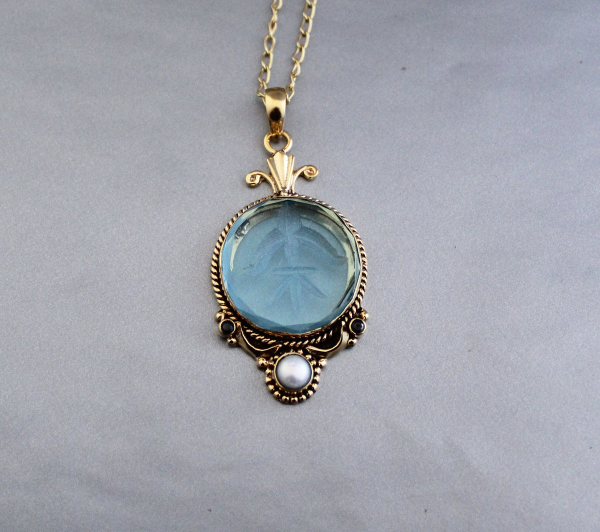 Blue Intaglio Pendant Necklace, Antique Gold Brass with Pearl, photo 8