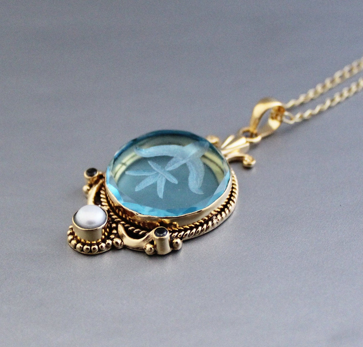 Blue Intaglio Pendant Necklace, Antique Gold Brass with Pearl, photo 4