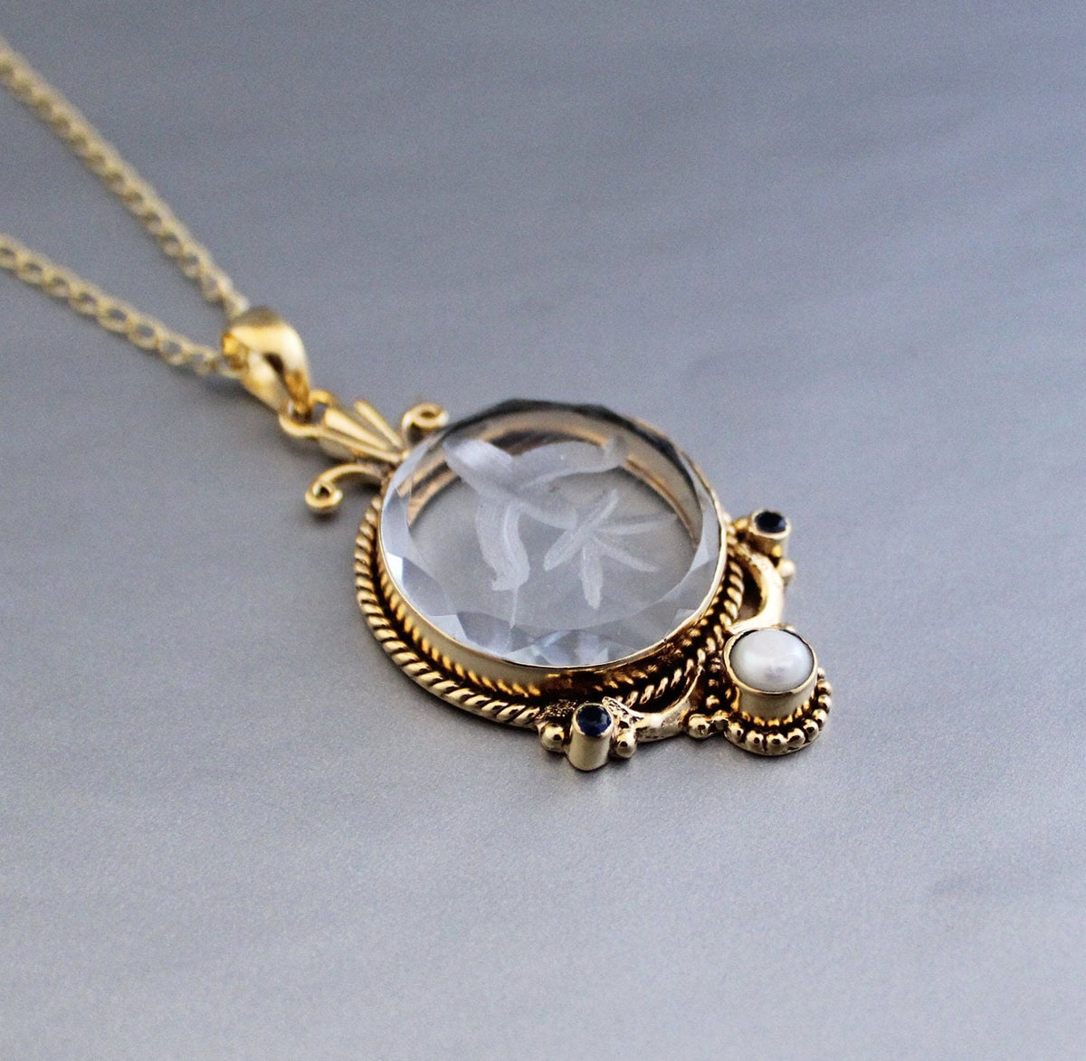 Intaglio Glass Pendant Necklace, Victorian Style, Gold Vermeil with Pearl, photo 2