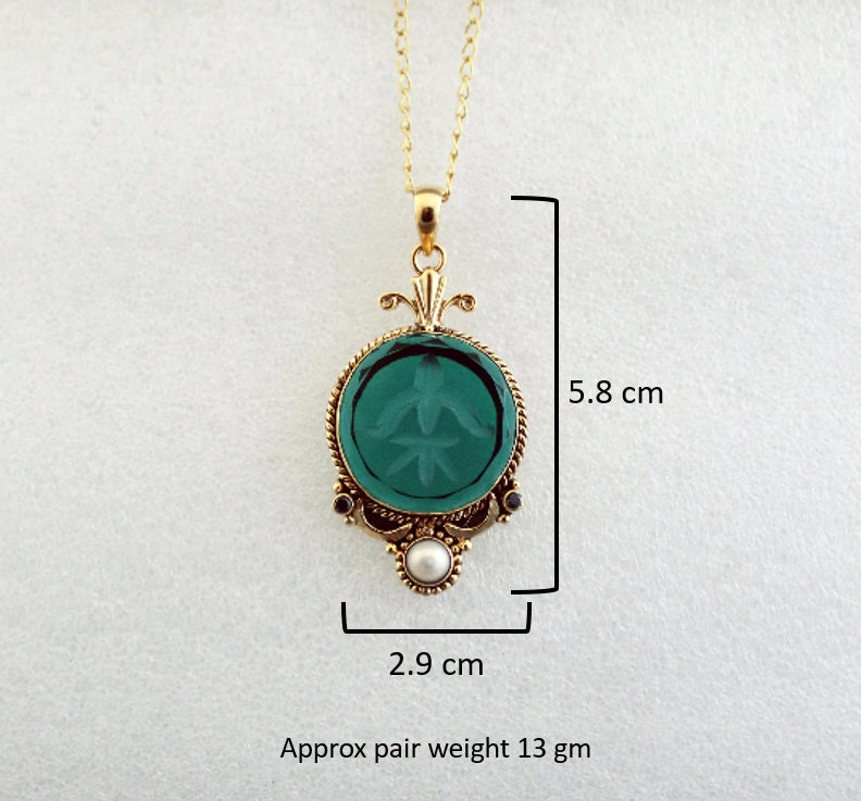 Blue Intaglio Pendant Necklace, Antique Gold Brass with Pearl, photo 3