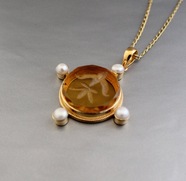 Yellow Intaglio Cameo Pendant Necklace, Victorian Brass with Pearls