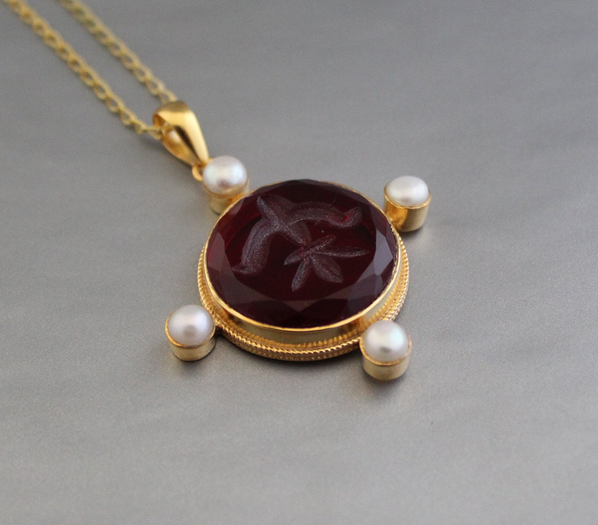 Quartz Intaglio Necklace, Victorian Style, 18K Gold Vermeil with Pearls, photo 8