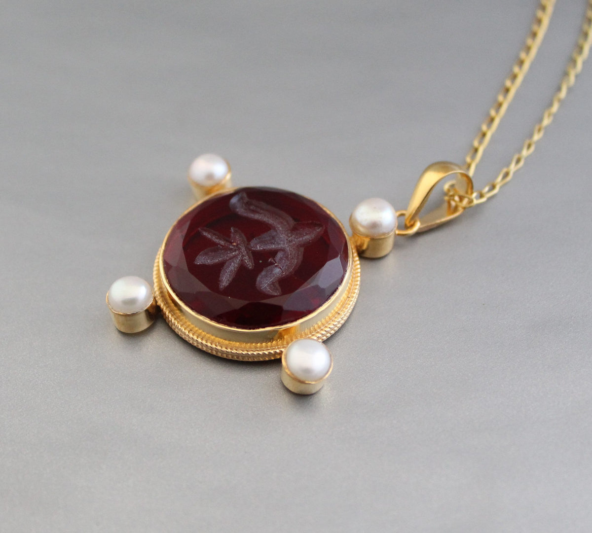 Quartz Intaglio Necklace, Victorian Style, 18K Gold Vermeil with Pearls, photo 2