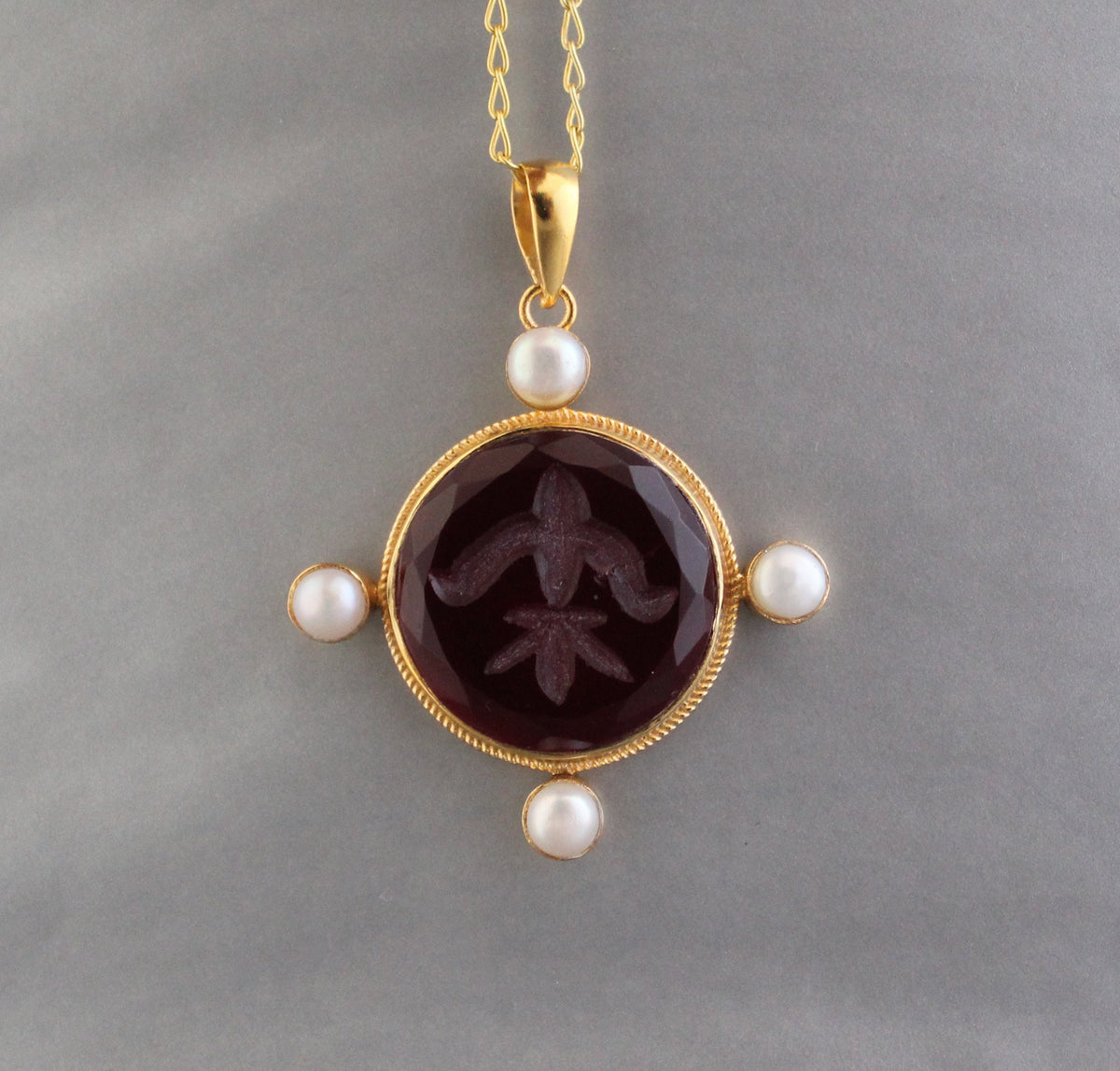 Quartz Intaglio Necklace, Victorian Style, 18K Gold Vermeil with Pearls, photo 4