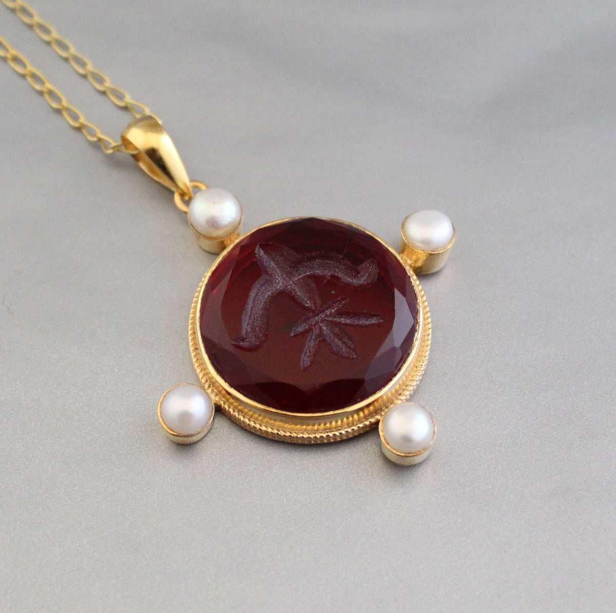 Quartz Intaglio Necklace, Victorian Style, 18K Gold Vermeil with Pearls
