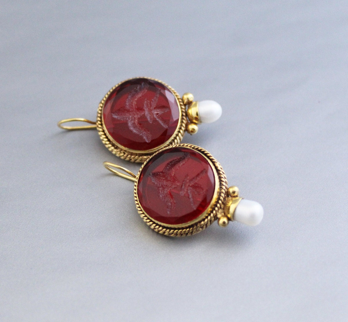 Red Intaglio Crystal Earrings, Gold Filled, photo 4