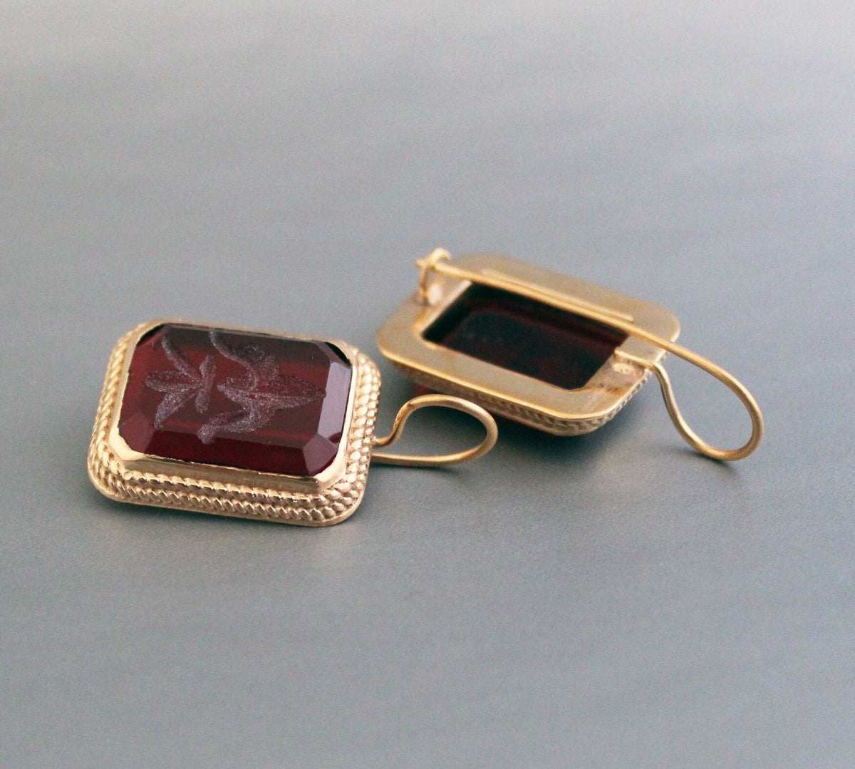 Red Rectangular Intaglio Earrings, Victorian Style, Gold Plated, photo 2