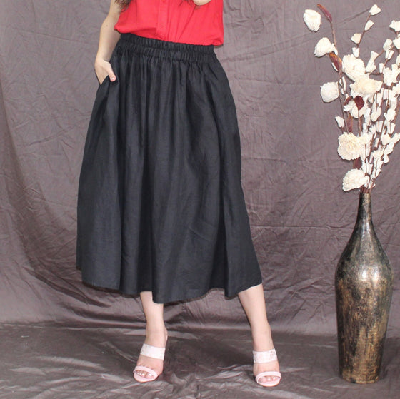 Black Linen Midi Skirt: Pleated Flared Skirt with Pockets