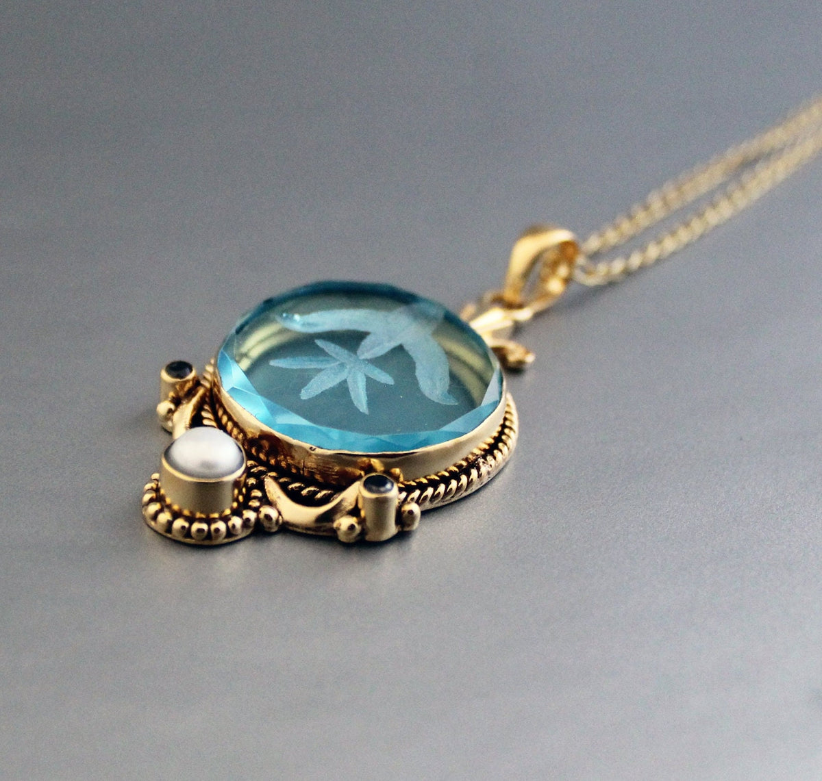 Blue Intaglio Pendant Necklace, Antique Gold Brass with Pearl