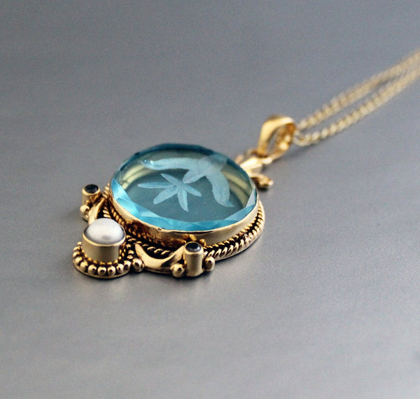 Blue Intaglio Pendant Necklace, Antique Gold Brass with Pearl