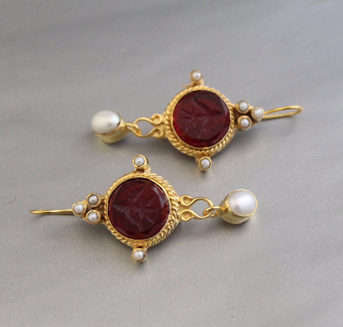 Red Quartz Intaglio Earrings, 14K Gold Pearl Dangles