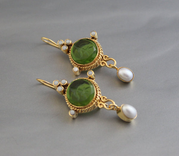 Small Green Round Intaglio Earrings, Art Deco Style, Gold Plated