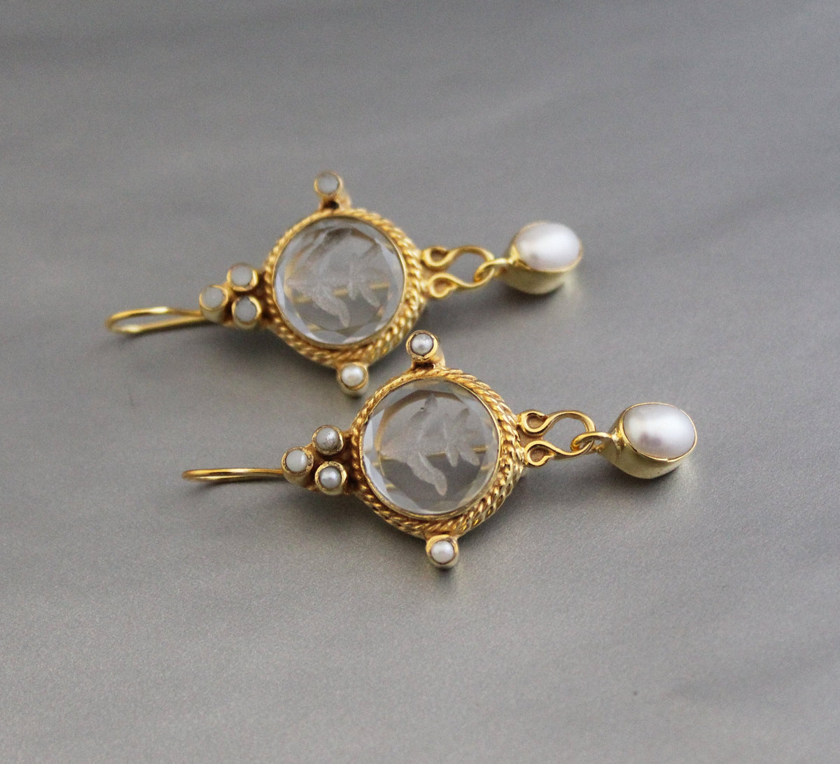 Intaglio Glass Pearl Dangle Earrings, Victorian Bridal, Gold Vermeil, photo 9