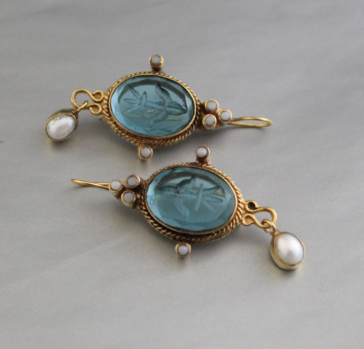 Blue Glass Intaglio Earrings, Victorian Style, 18K Gold Vermeil, photo 11