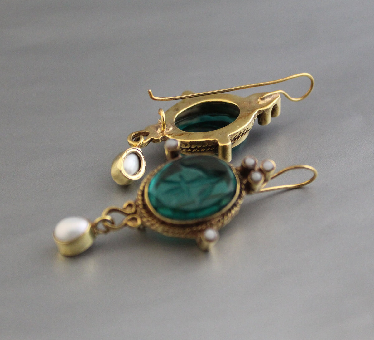 Green Intaglio Earrings, Victorian Style, 18K Gold, photo 6