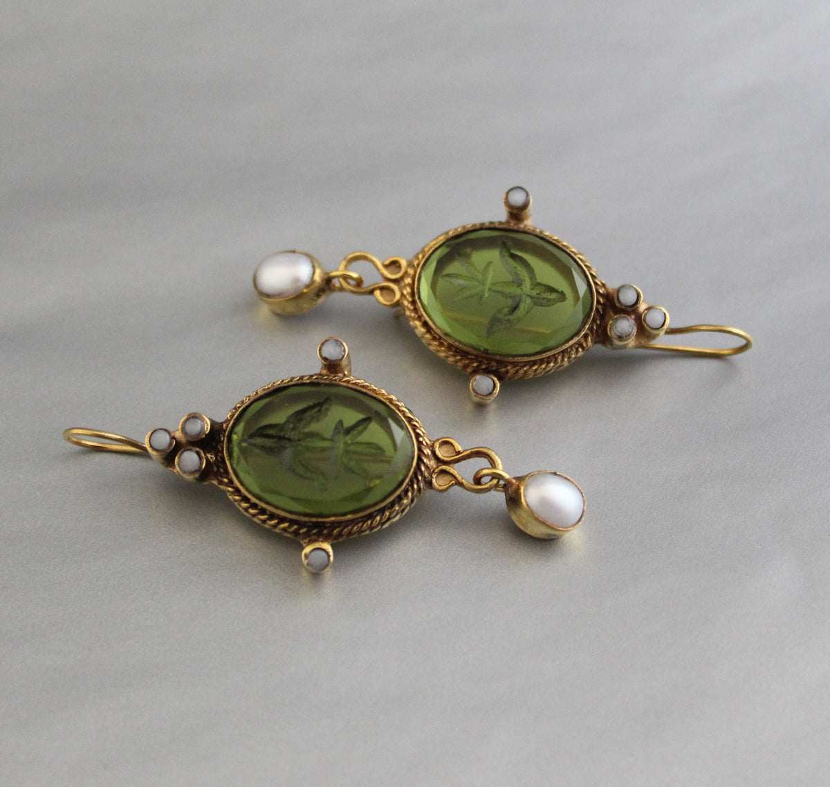 Green Intaglio Crystal Earrings, Art Deco Style, Gold, photo 6