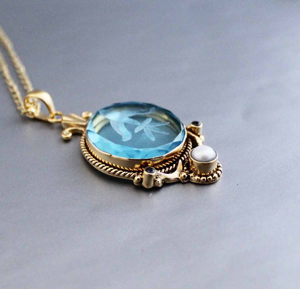 Blue Intaglio Pendant Necklace, Antique Gold Brass with Pearl, photo 5