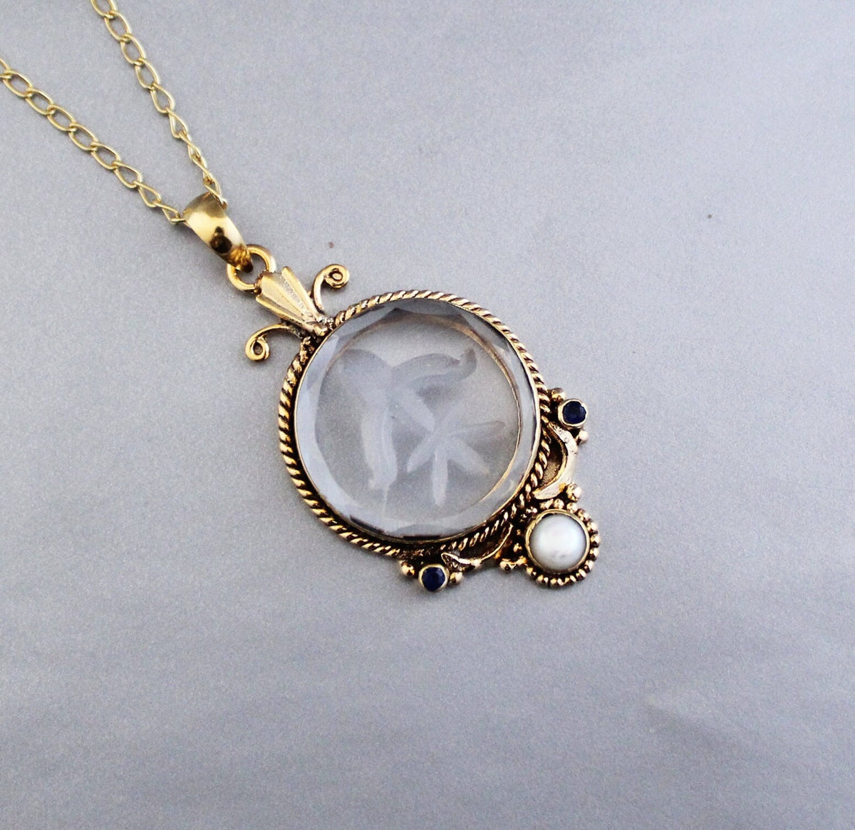 Intaglio Glass Pendant Necklace, Victorian Style, Gold Vermeil with Pearl, photo 5