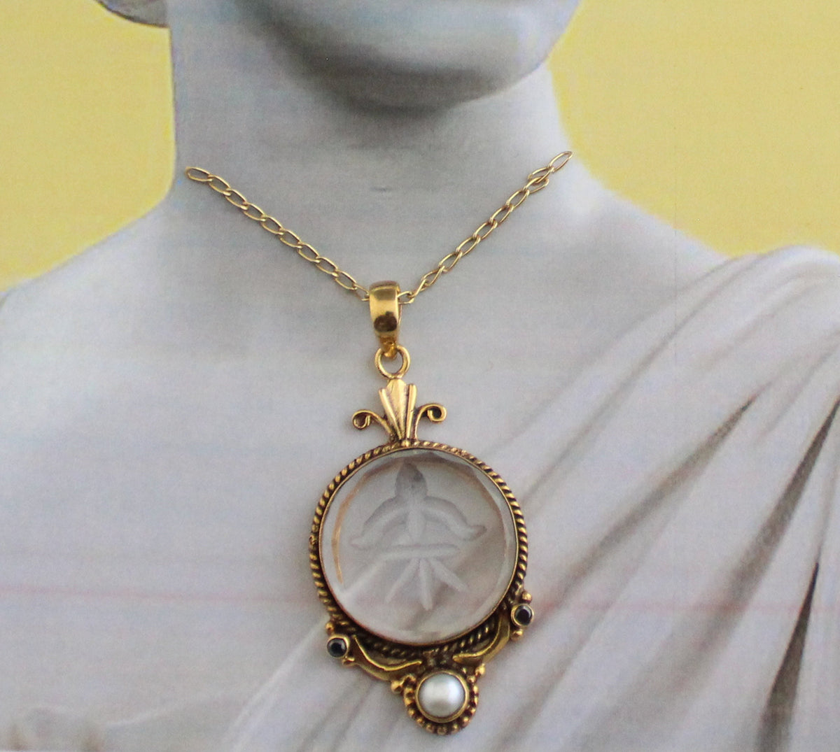 Intaglio Glass Pendant Necklace, Victorian Style, Gold Vermeil with Pearl, photo 7