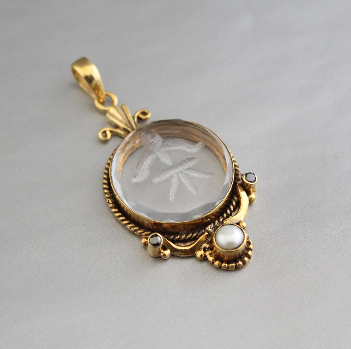 Intaglio Glass Pendant Necklace, Victorian Style, Gold Vermeil with Pearl, photo 6