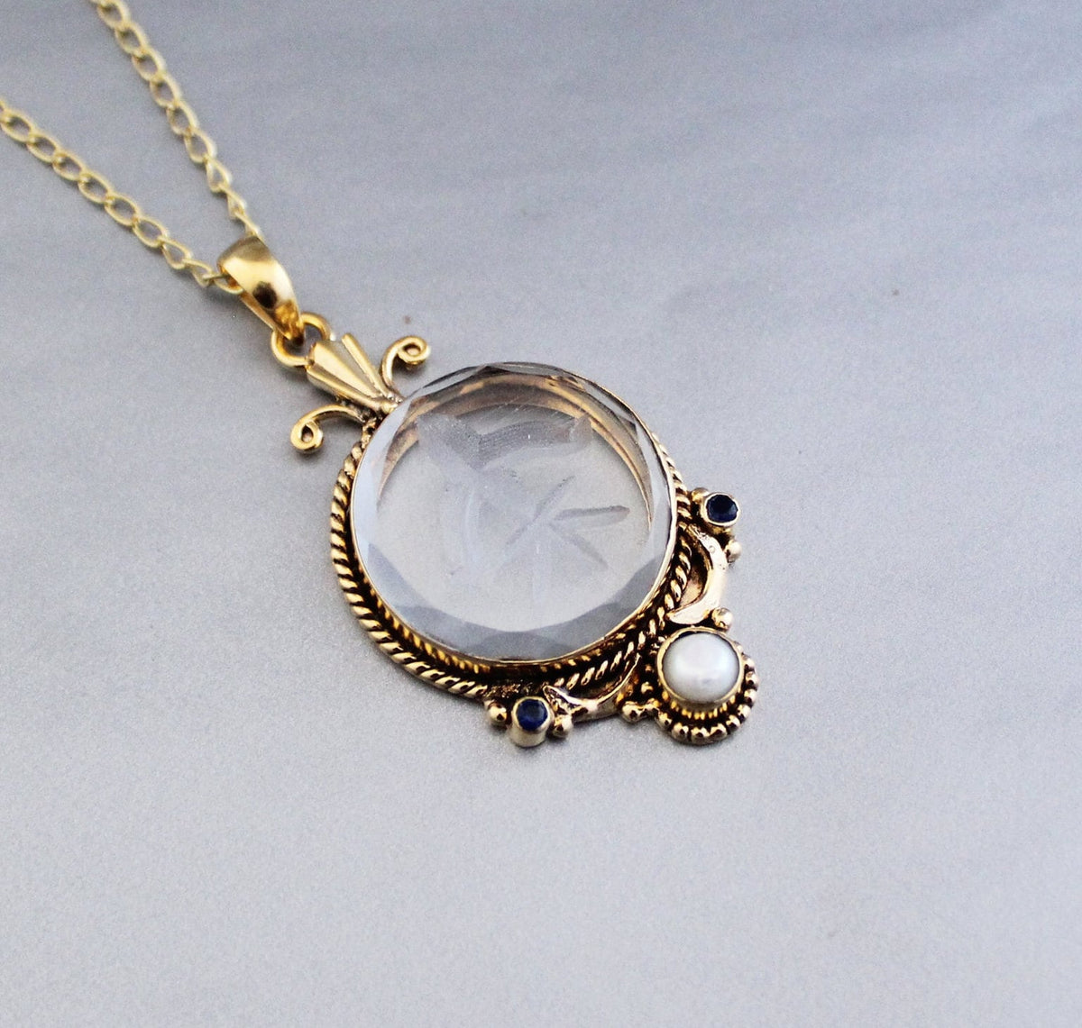 Intaglio Glass Pendant Necklace, Victorian Style, Gold Vermeil with Pearl, photo 4