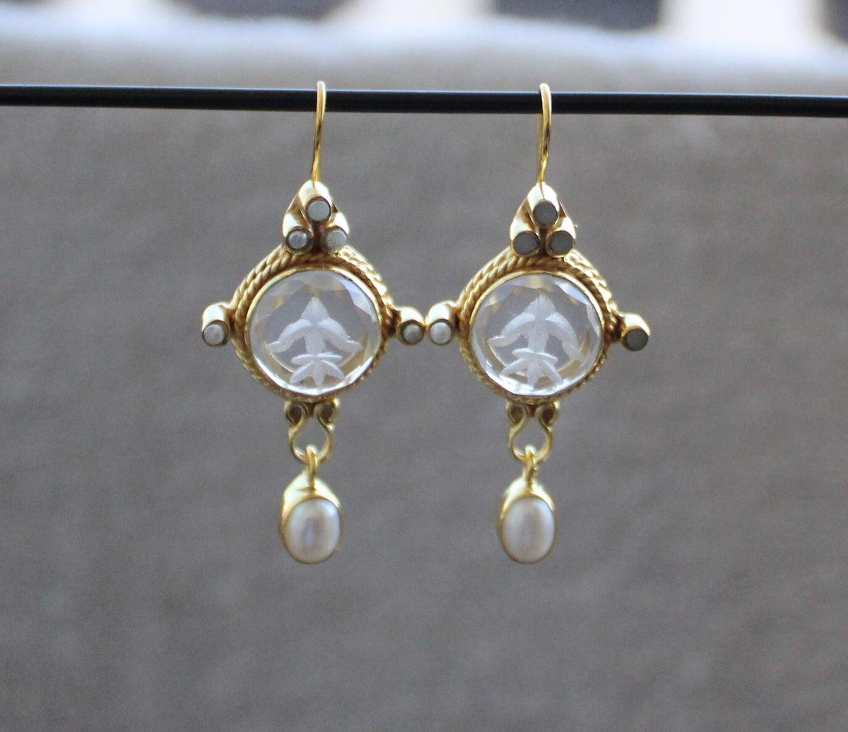 Intaglio Glass Pearl Dangle Earrings, Victorian Bridal, Gold Vermeil, photo 10
