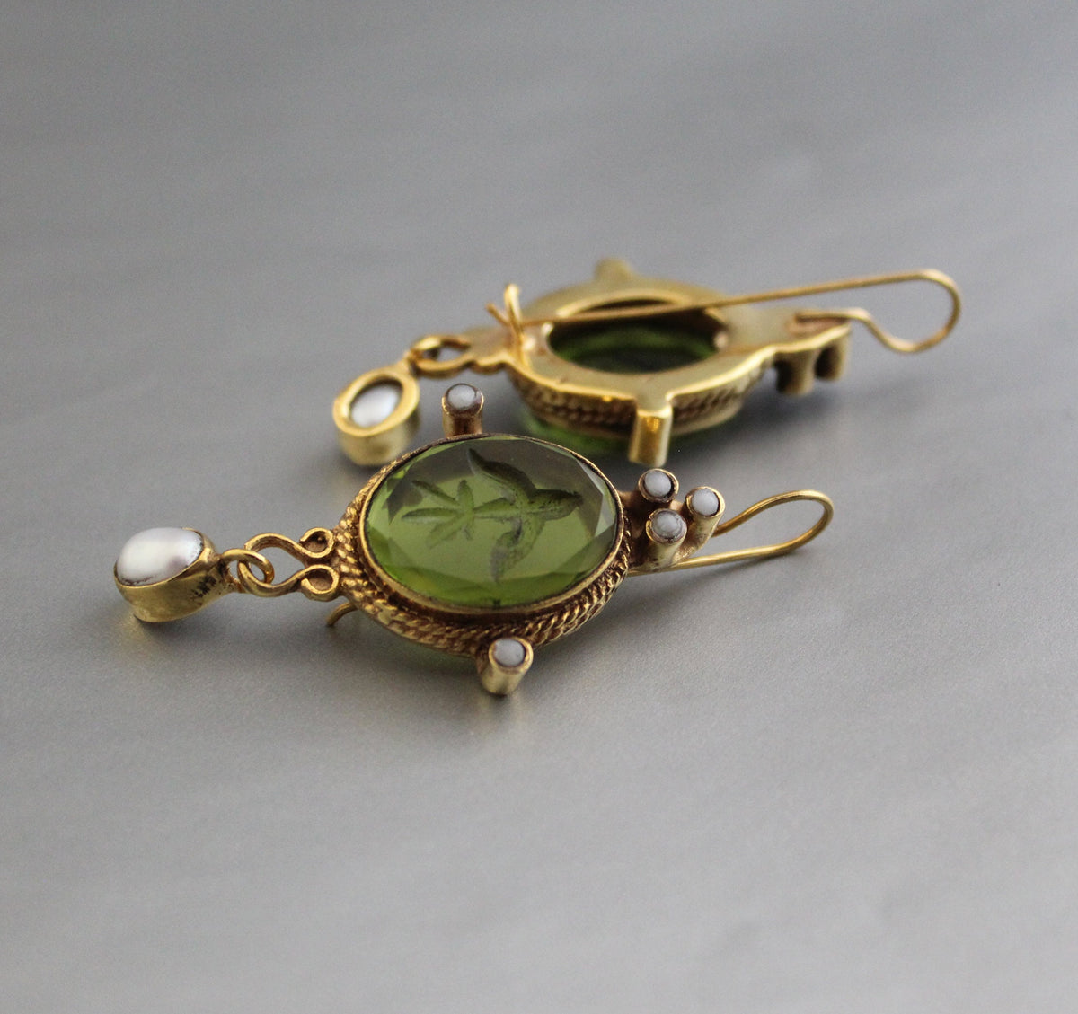 Green Intaglio Crystal Earrings, Art Deco Style, Gold, photo 4
