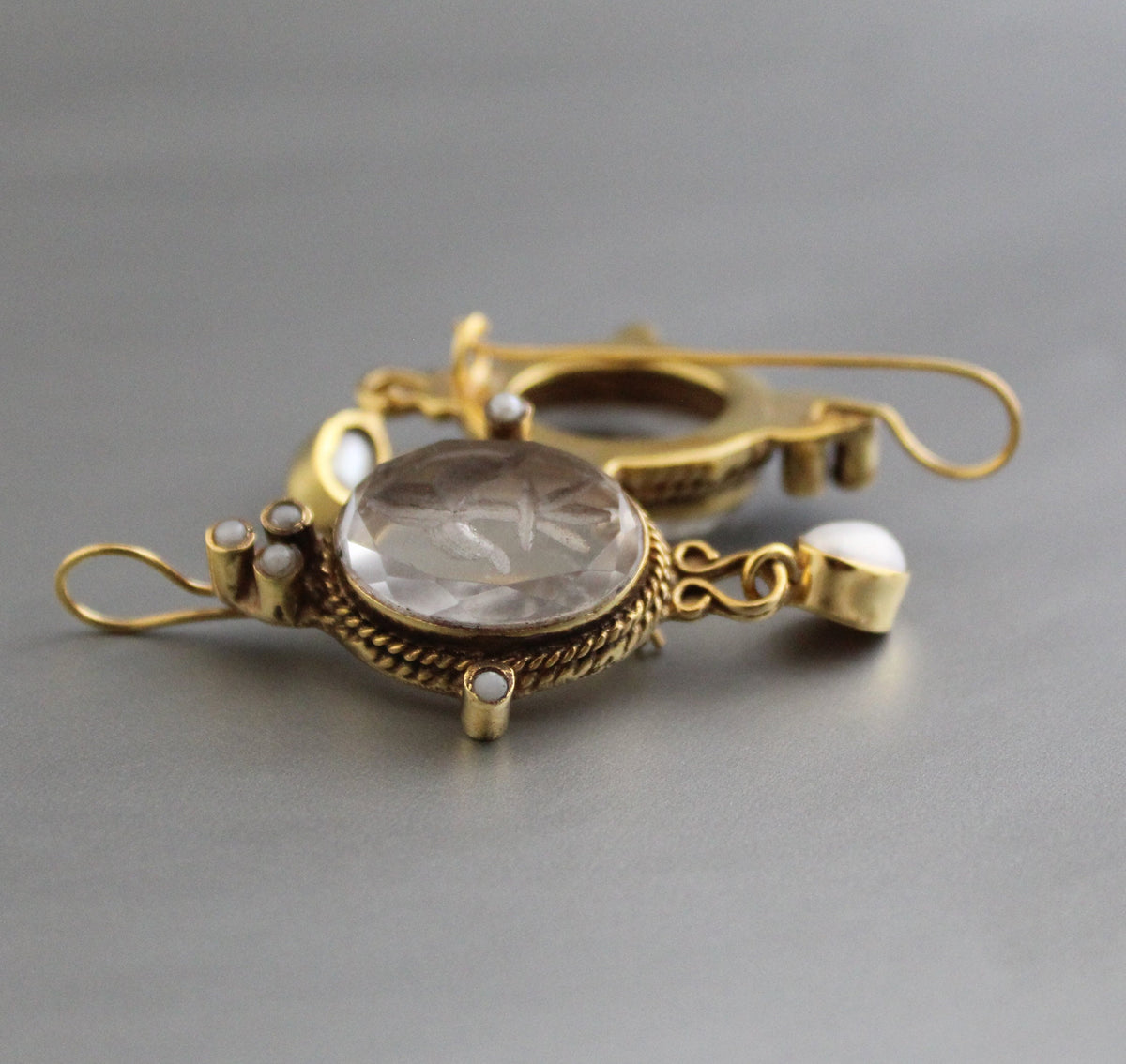 Intaglio Glass Earrings, Roman Style, Gold Vermeil with Pearls, photo 6