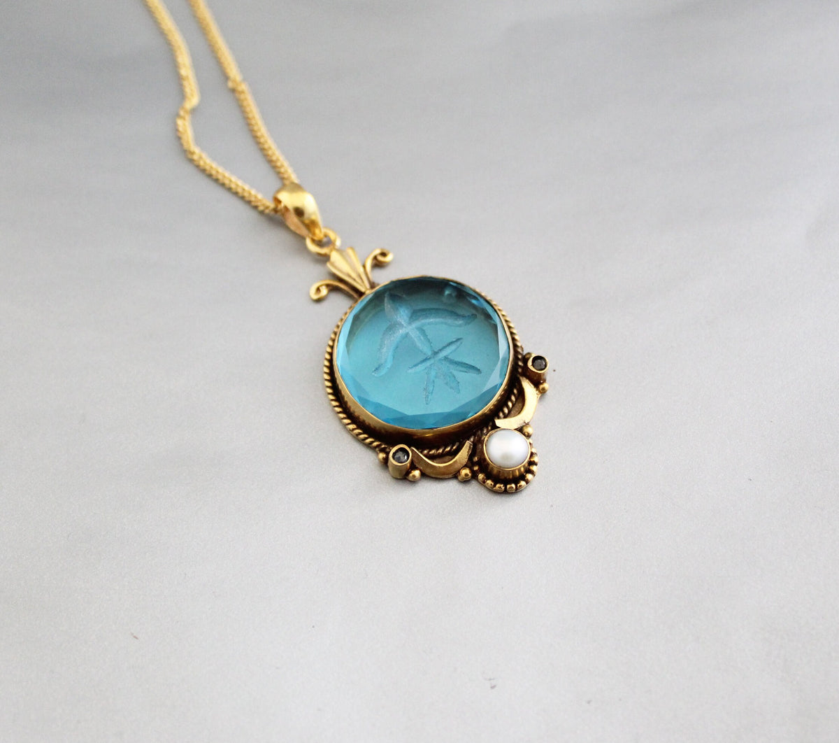 Blue Intaglio Pendant Necklace, Antique Gold Brass with Pearl, photo 10