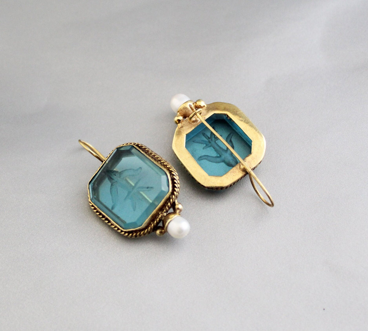 Blue Glass Intaglio Earrings, Vintage Gold Brass Dangles, photo 2
