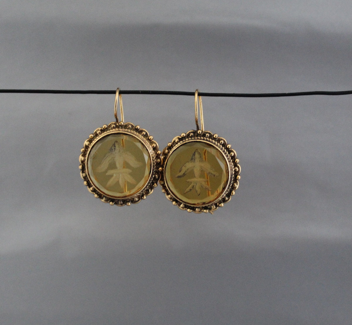 Yellow Intaglio Glass Earrings, Victorian Bridal Dangles, Brass, photo 8