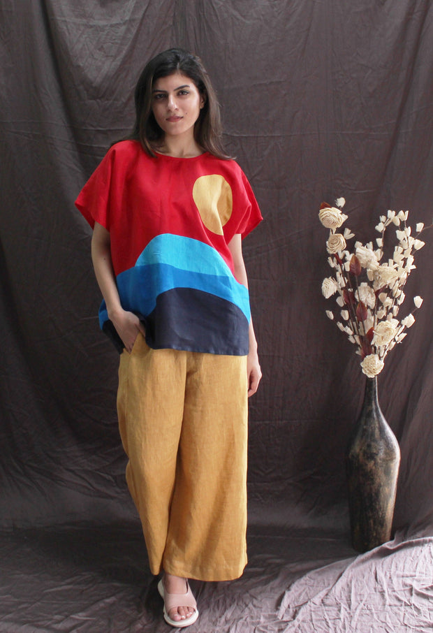 Red Blue Colorblock Linen Top