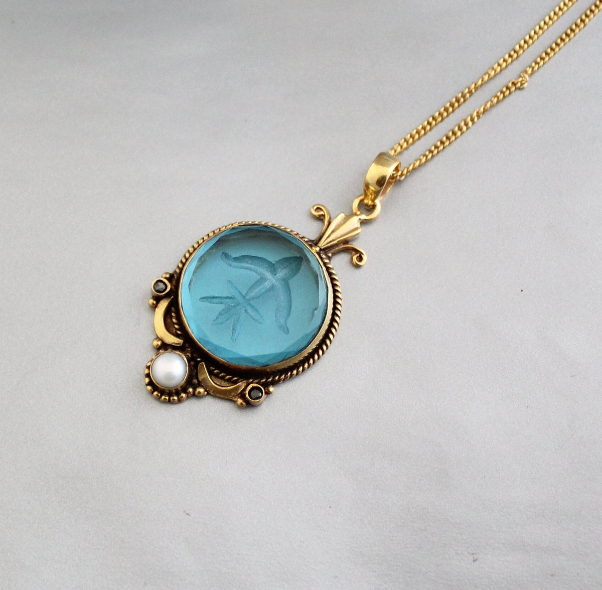 Blue Intaglio Pendant Necklace, Antique Gold Brass with Pearl, photo 7