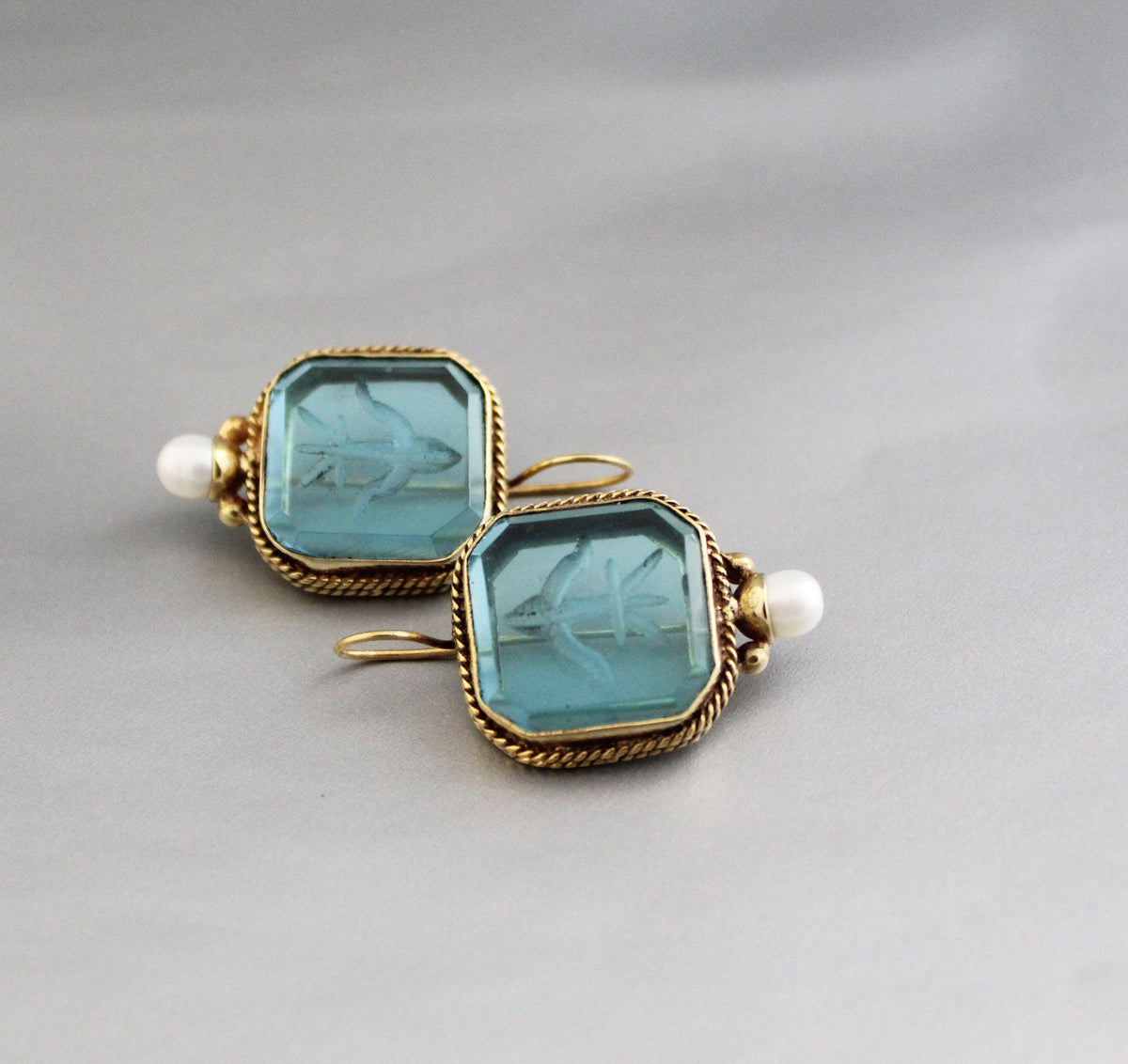 Blue Glass Intaglio Earrings, Vintage Gold Brass Dangles, photo 6